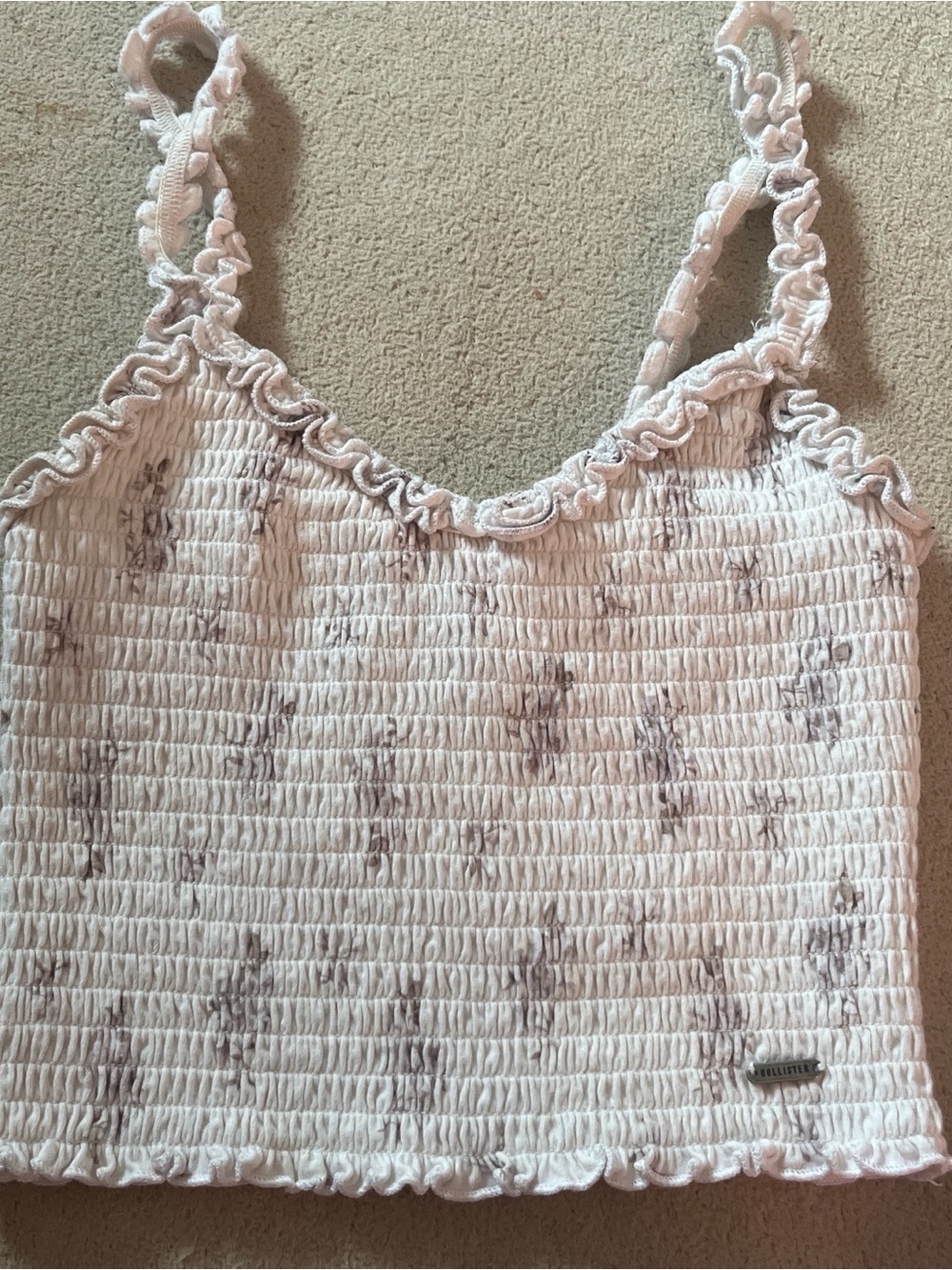 Hollister White Smocked Cami with Subtle Taupe Floral Print